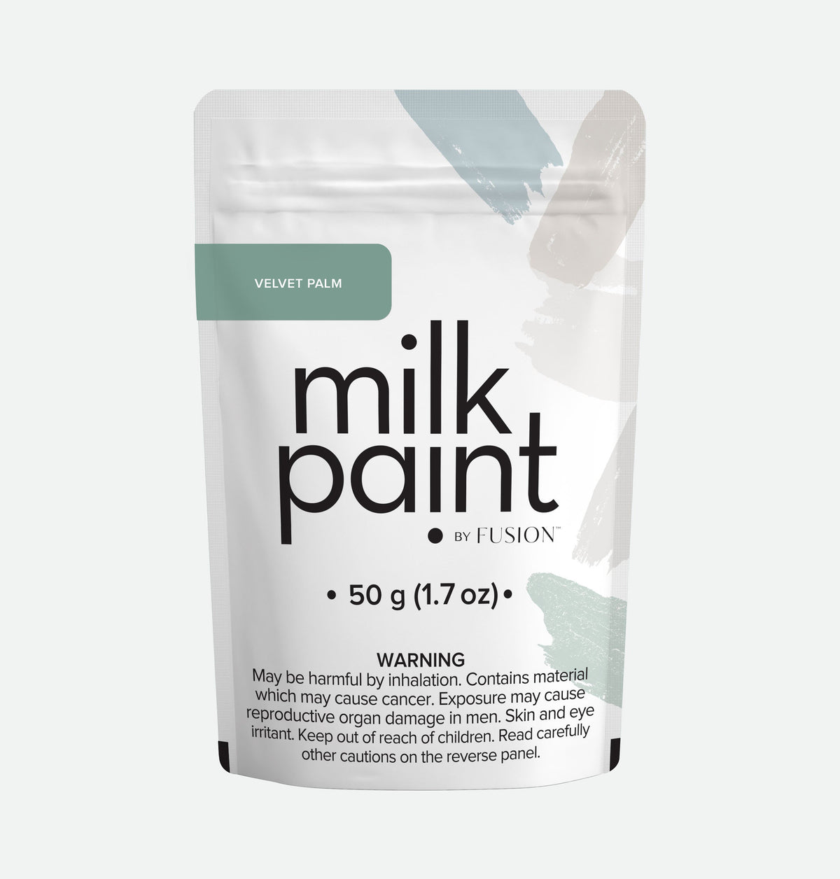 50g pouch of Velvet Palm Paint by Fusion Mineral Paint with green/gray swatches and visible health warning.