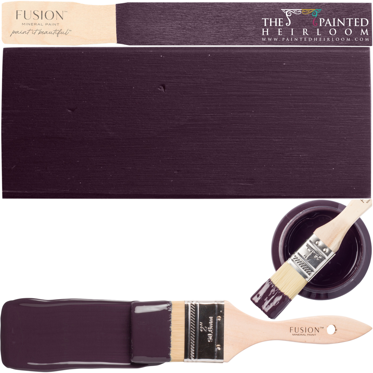 Paintbrush, Velvet Plum Fusion Mineral Paint swatch, and container labeled The Painted Heirloom Fusion Mineral Paint.