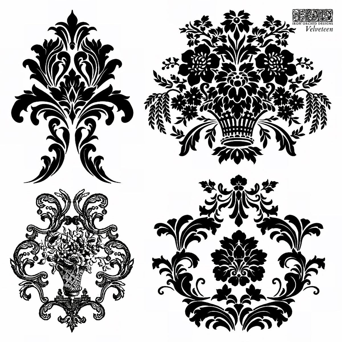 Four black-and-white floral patterns inspired by I.O.D.’s Velveteen Mini-Stamp and Victorian damask motifs.