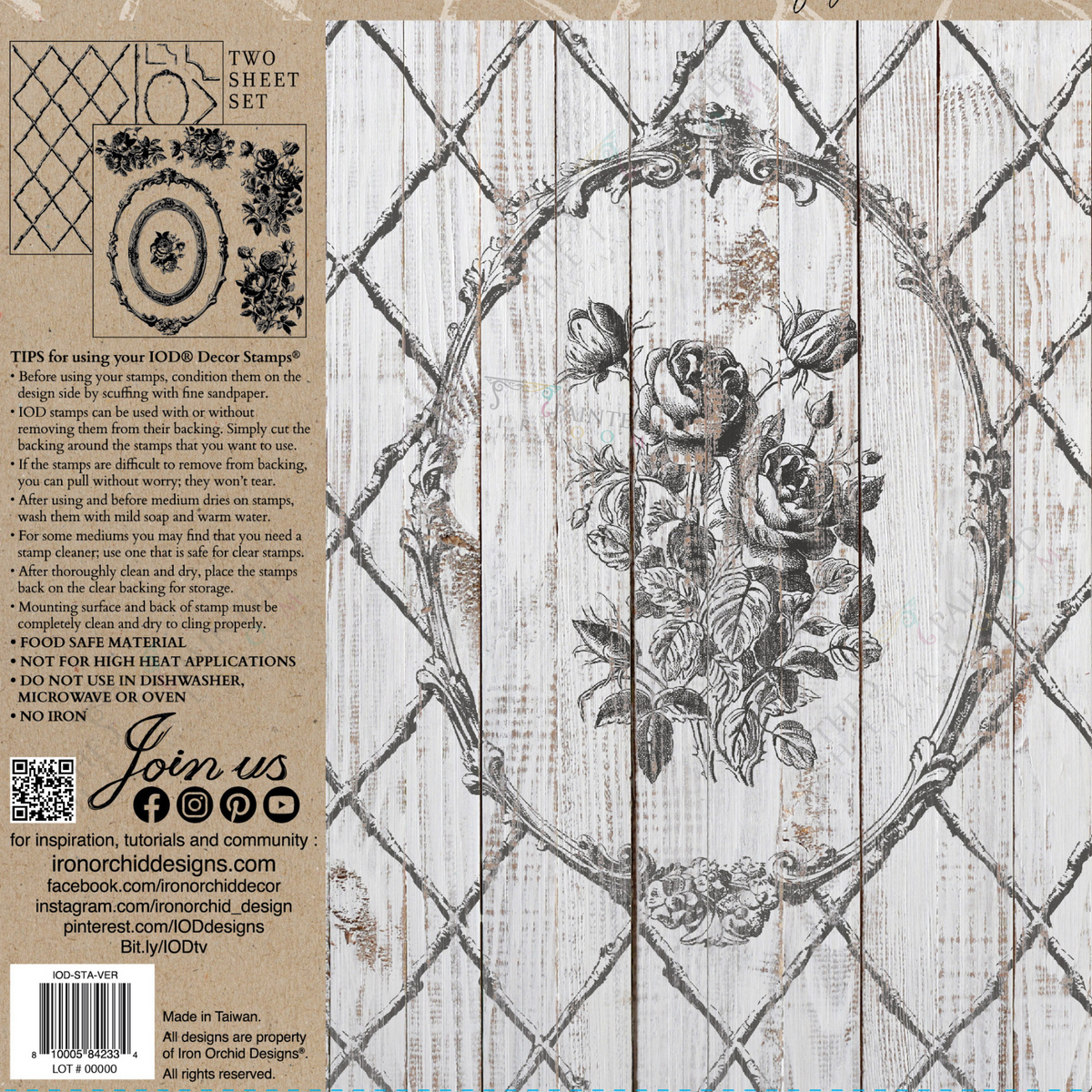 Veranda Stamp by I.O.D. for use on wood, glass, or metal; not dishwasher or oven safe. See ironorchiddesigns.com for tips.