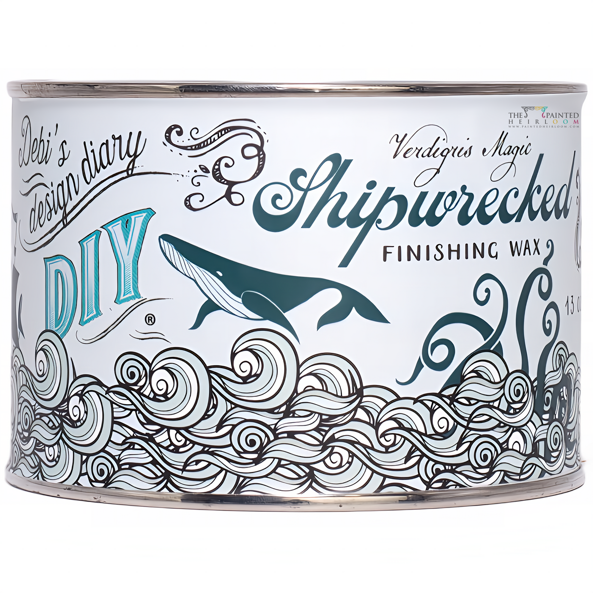 DIY Paint Co. Verdigris Shipwrecked Wax tin with ocean waves, whale illustration, and branded text on white background.