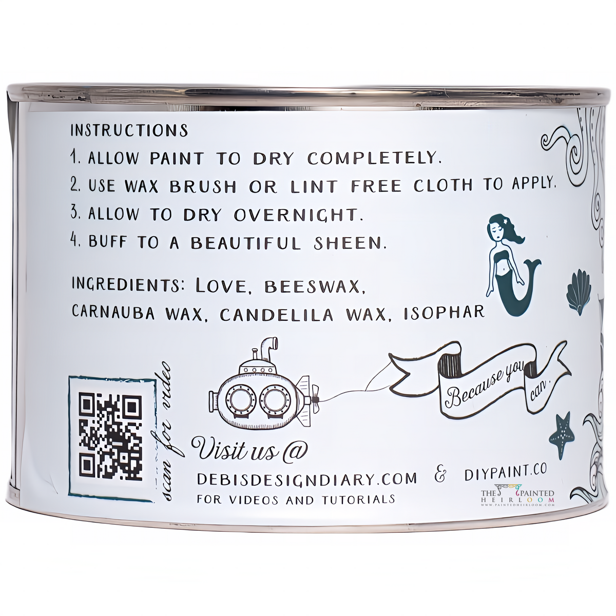 Verdigris Shipwrecked DIY Wax can by DIY Paint Co., featuring mermaid art, fast-drying info, and ingredients list.