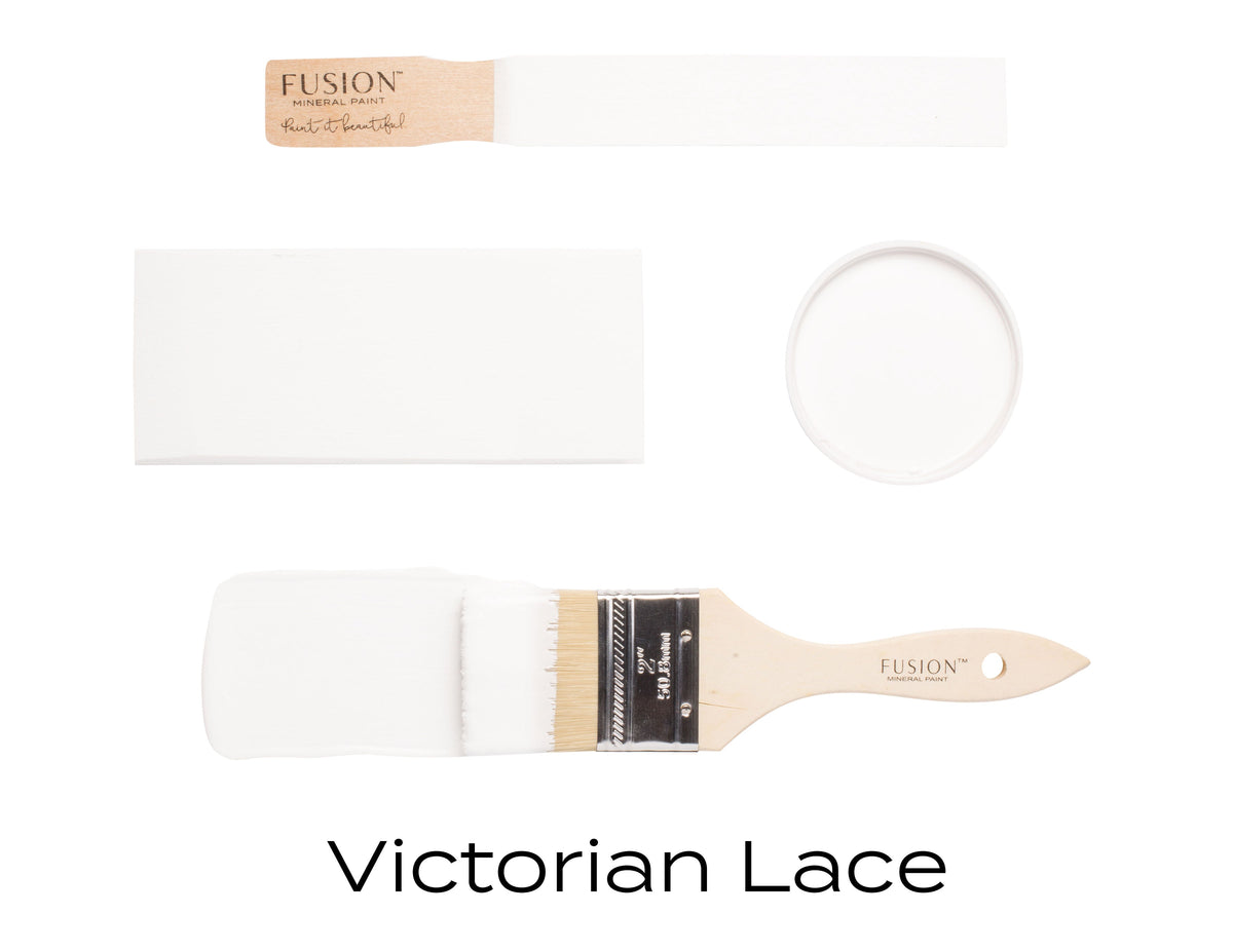 Brush and paint swatch showing Victorian Lace, a multi-tone white by Fusion Mineral Paint.