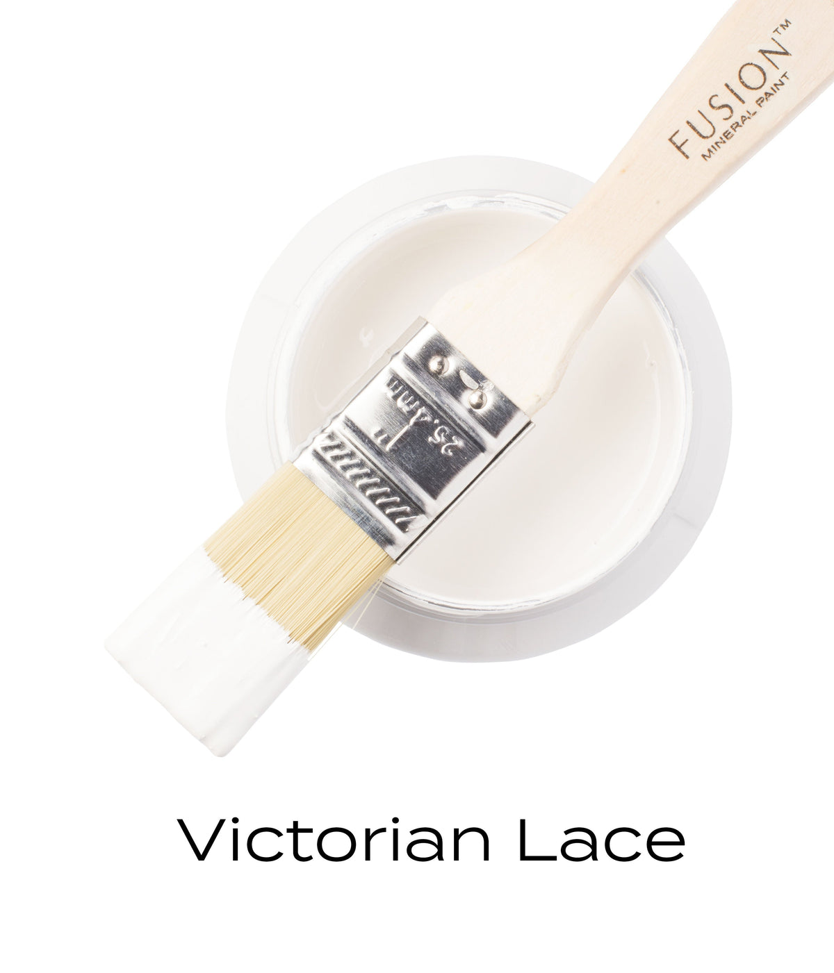 Brush with white Fusion Mineral Paint on open jar of Victorian Lace by Fusion Mineral Paint, white background.