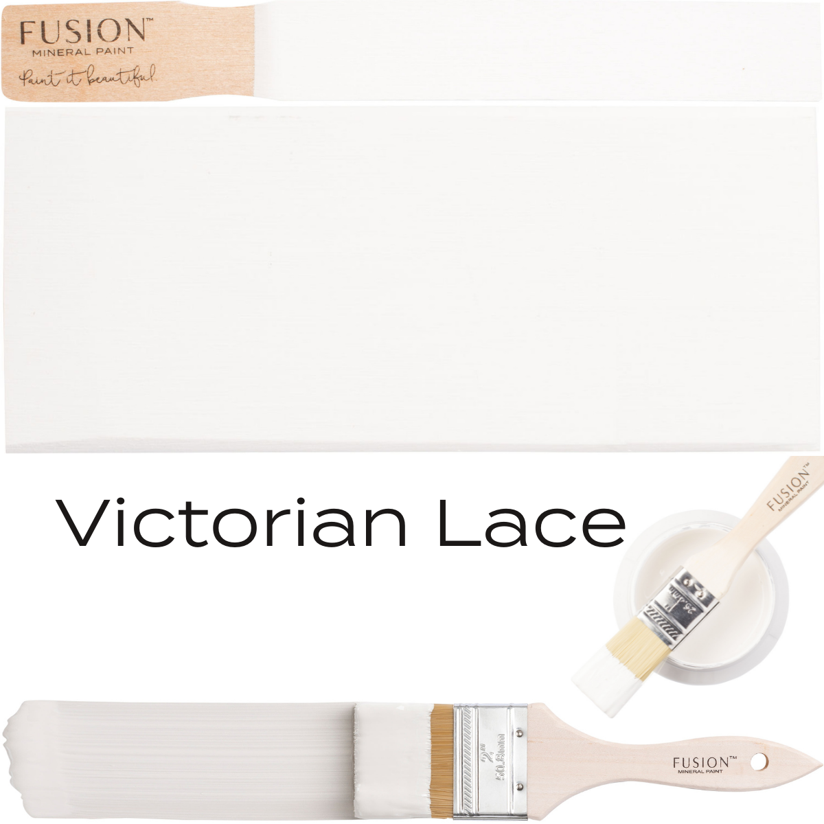 Victorian Lace Fusion Mineral Paint in can, on brushes, and painted on a surface.