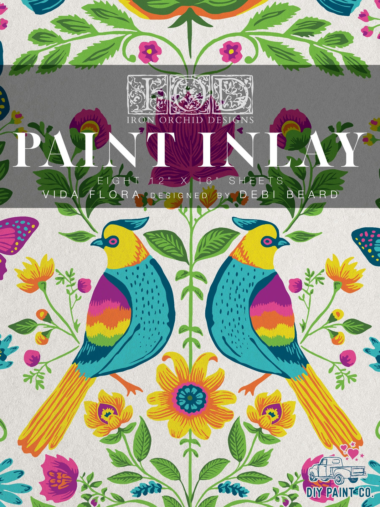 I.O.D. Vida Flora Paint Inlay design featuring a floral pattern with two birds by Debi Beard, Iron Orchid Designs.
