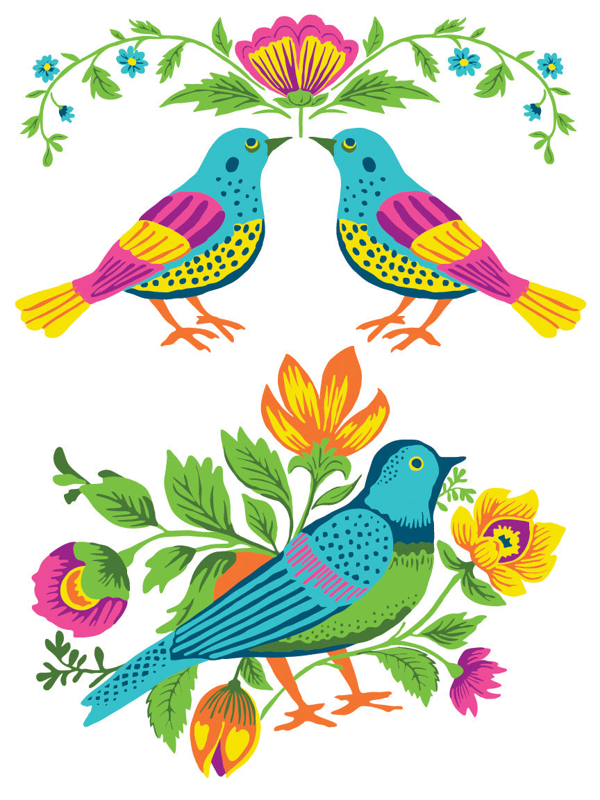 Two decorative birds with vibrant florals for I.O.D. Vida Flora Paint Inlay by Iron Orchid Designs projects.