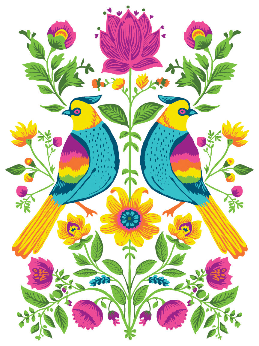 Two colorful birds among flowers, I.O.D. Vida Flora Paint Inlay by Iron Orchid Designs, Debi Beard.