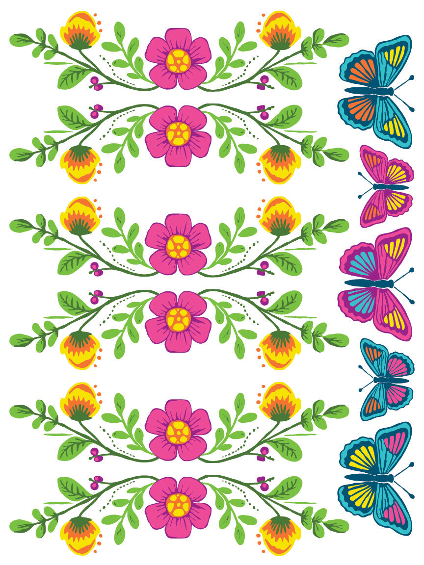 Four rows of pink and yellow blooms with green leaves made using I.O.D. Vida Flora Paint Inlay by Iron Orchid Designs.