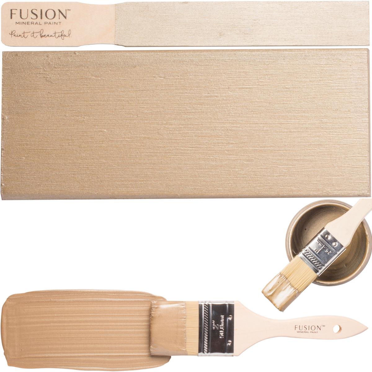 Vintage Gold Metallic Fusion Mineral Paint with brush and color swatches on a white background.