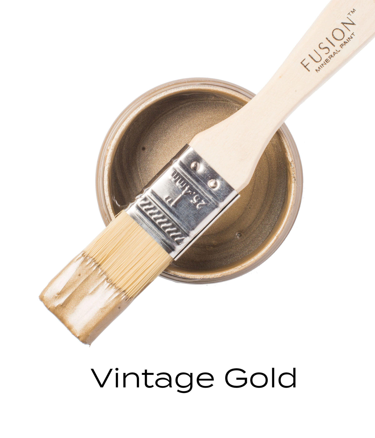 Brush with metallic paint on open Fusion Mineral Paint can, Vintage Gold Metallic shade.