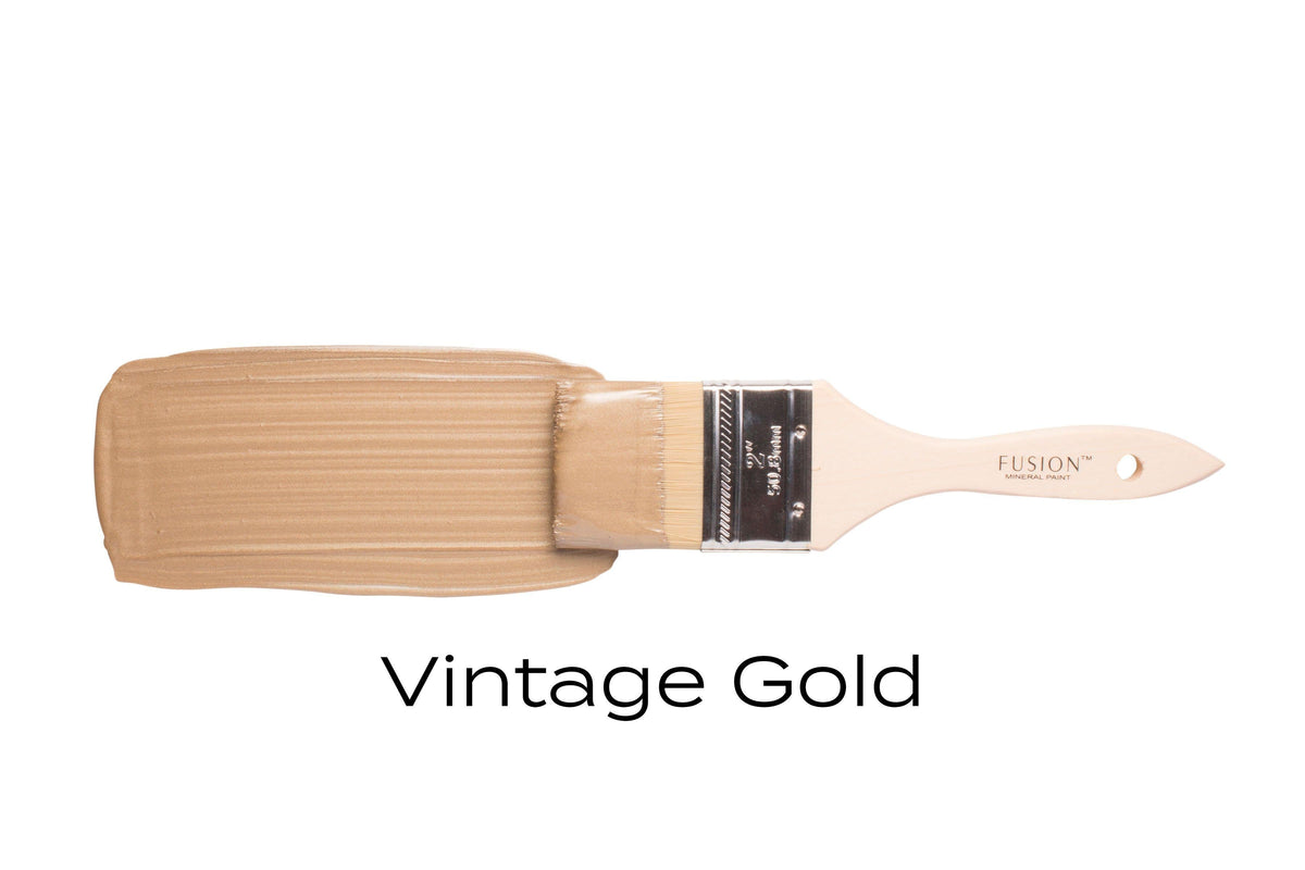 Vintage Gold Metallic Fusion Mineral Paint swatched on white background, showing rich gold mica pigment.