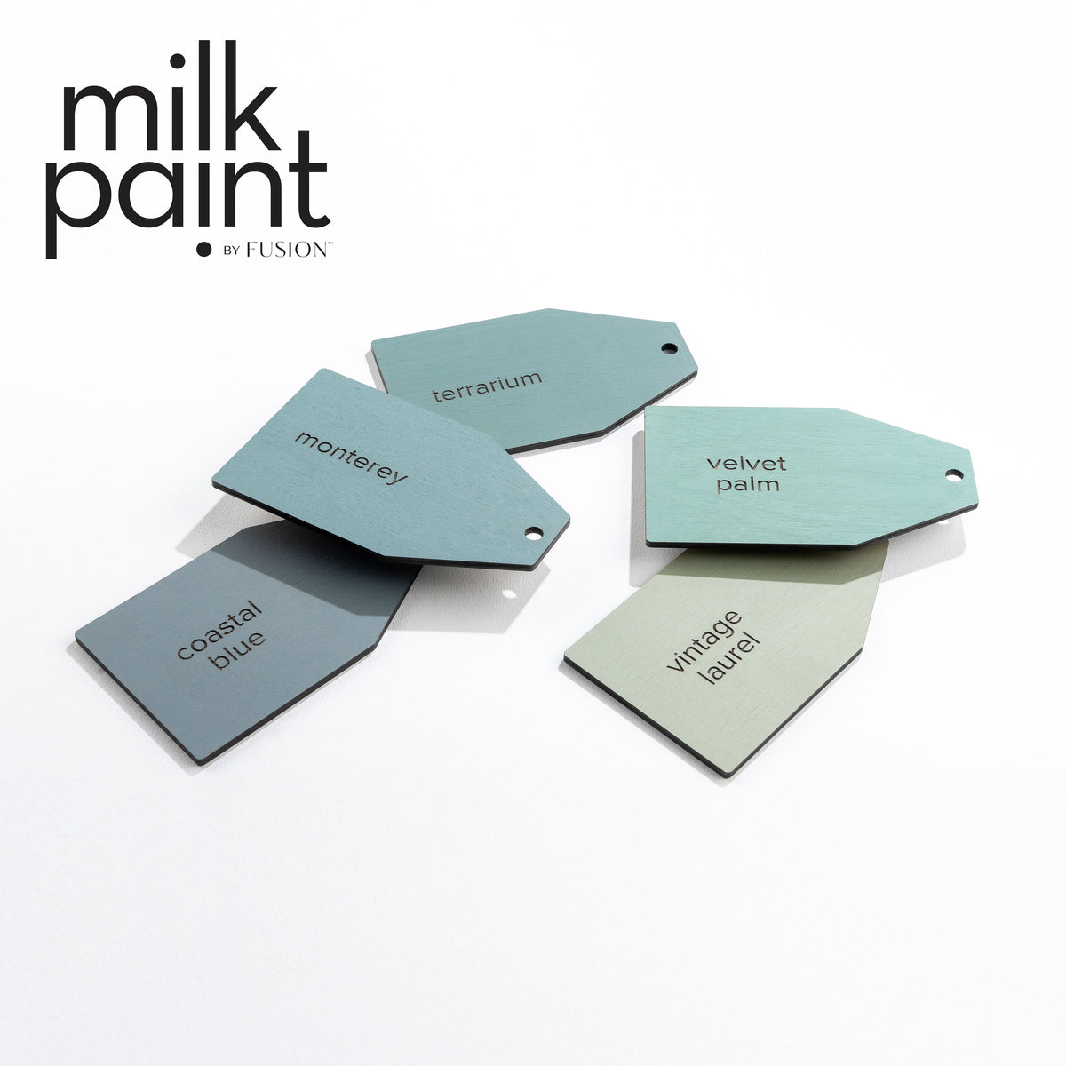 Five blue and green Fusion Mineral Paint swatches with Vintage Laurel Milk Paint logo in the corner.