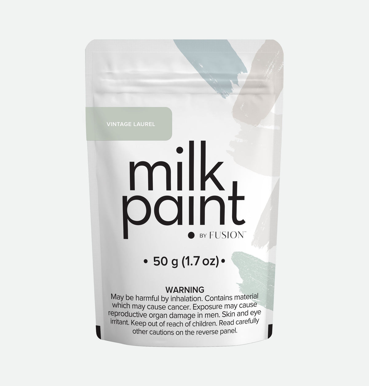 Fusion Mineral Paint Vintage Laurel Milk Paint, 50g white pouch with safety info and green-beige brushstroke design.
