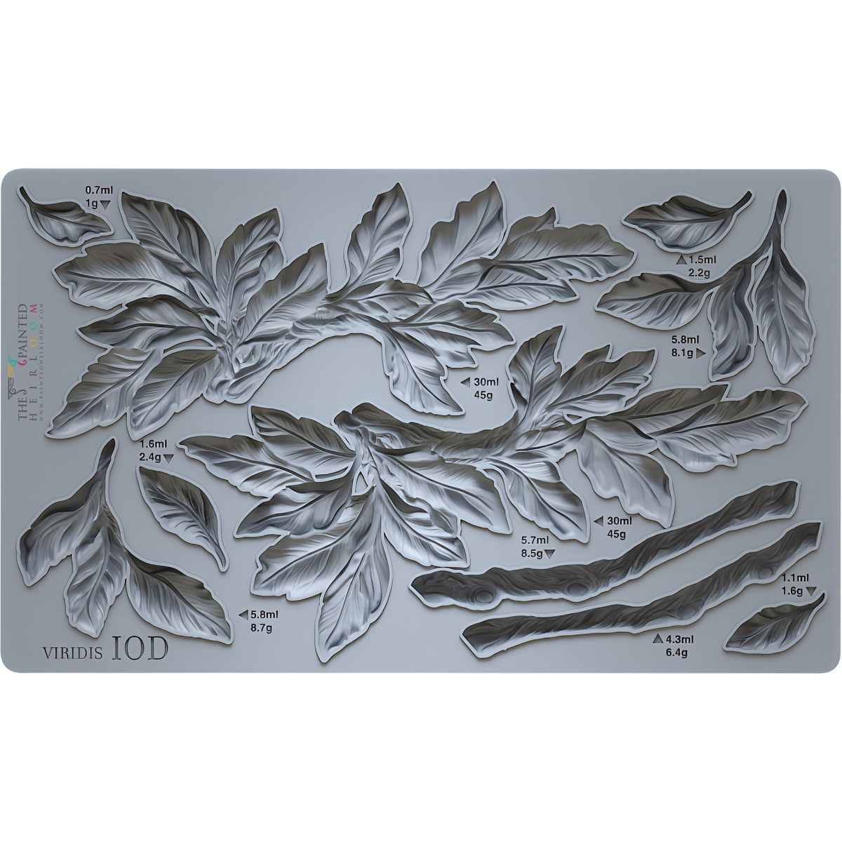 Viridis Mould by I.O.D., gray silicone with leaf sections labeled for volume and weight.