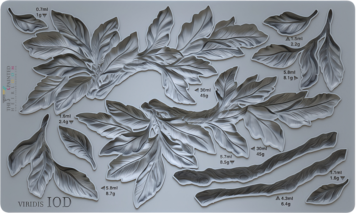 Viridis Mould by IOD with gray leafy branch designs, each labeled with liquid and gram measurements.