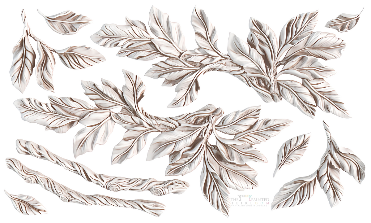 Intricately detailed leaves and branches, inspired by Viridis Mould by I.O.D., on a white background.