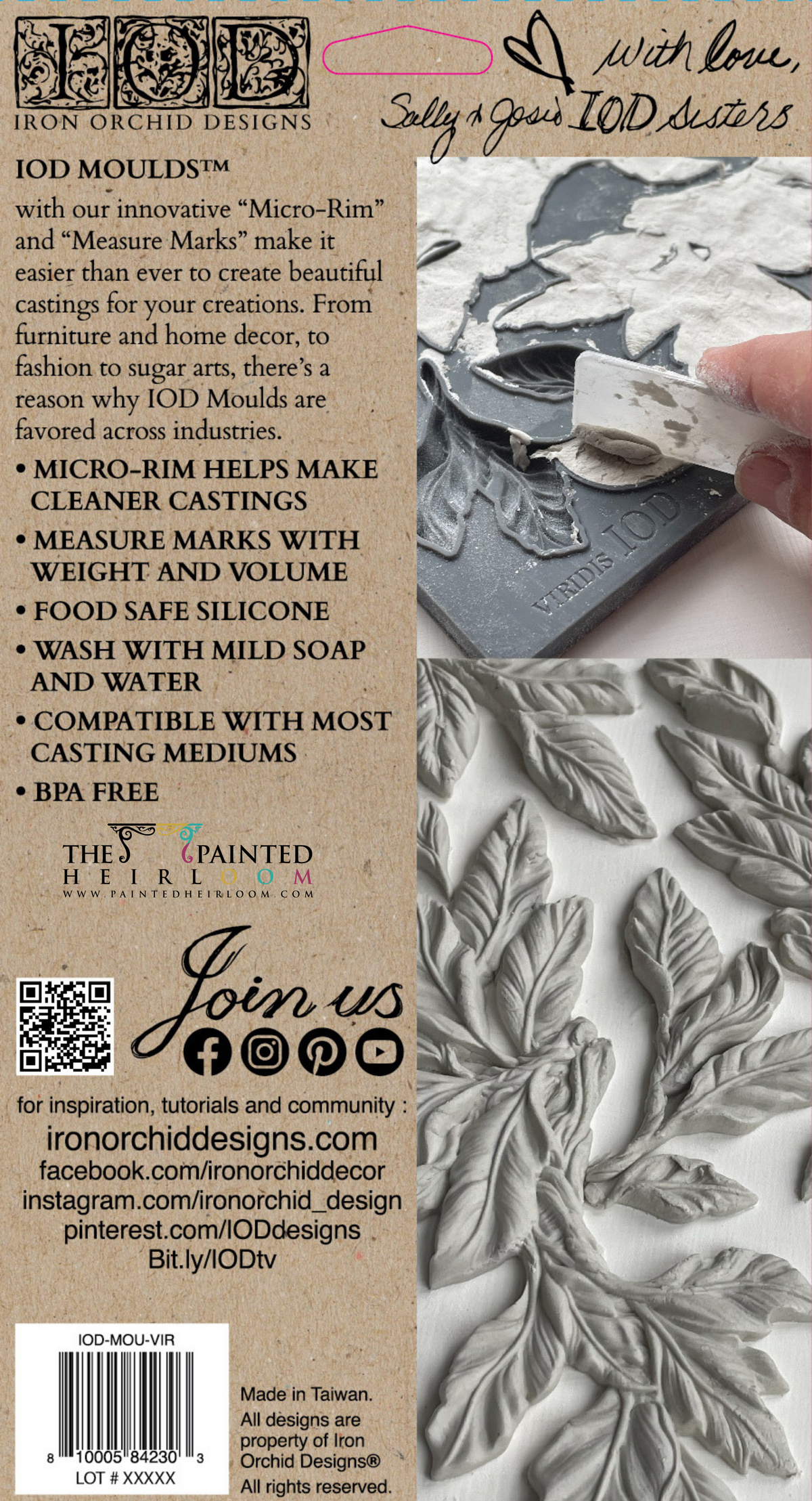 Viridis Mould by I.O.D. filled with white material using a flat tool; Iron Orchid Designs product info shown.
