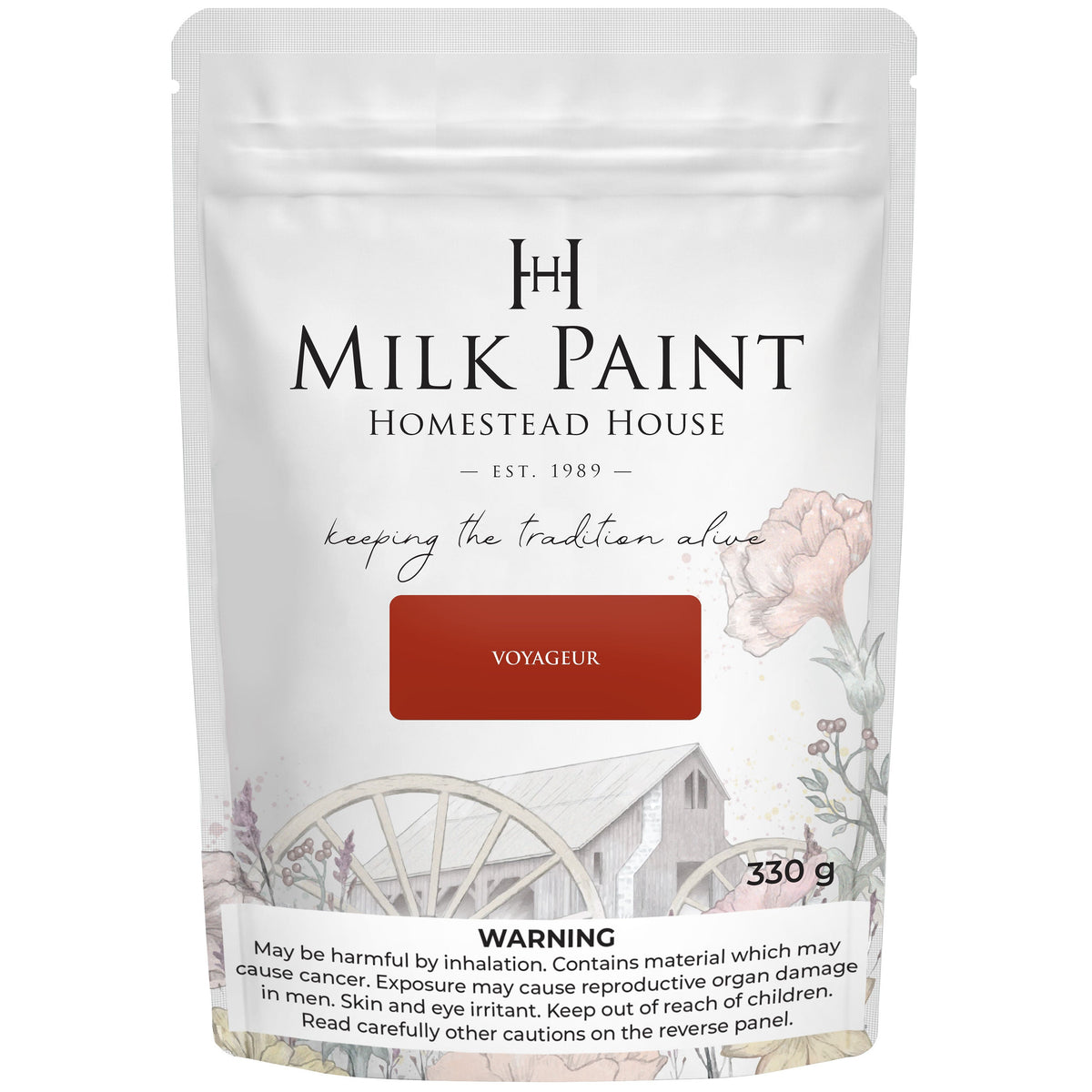 330g Homestead House Voyageur Milk Paint bag with coverage, caution, and warning information shown below.