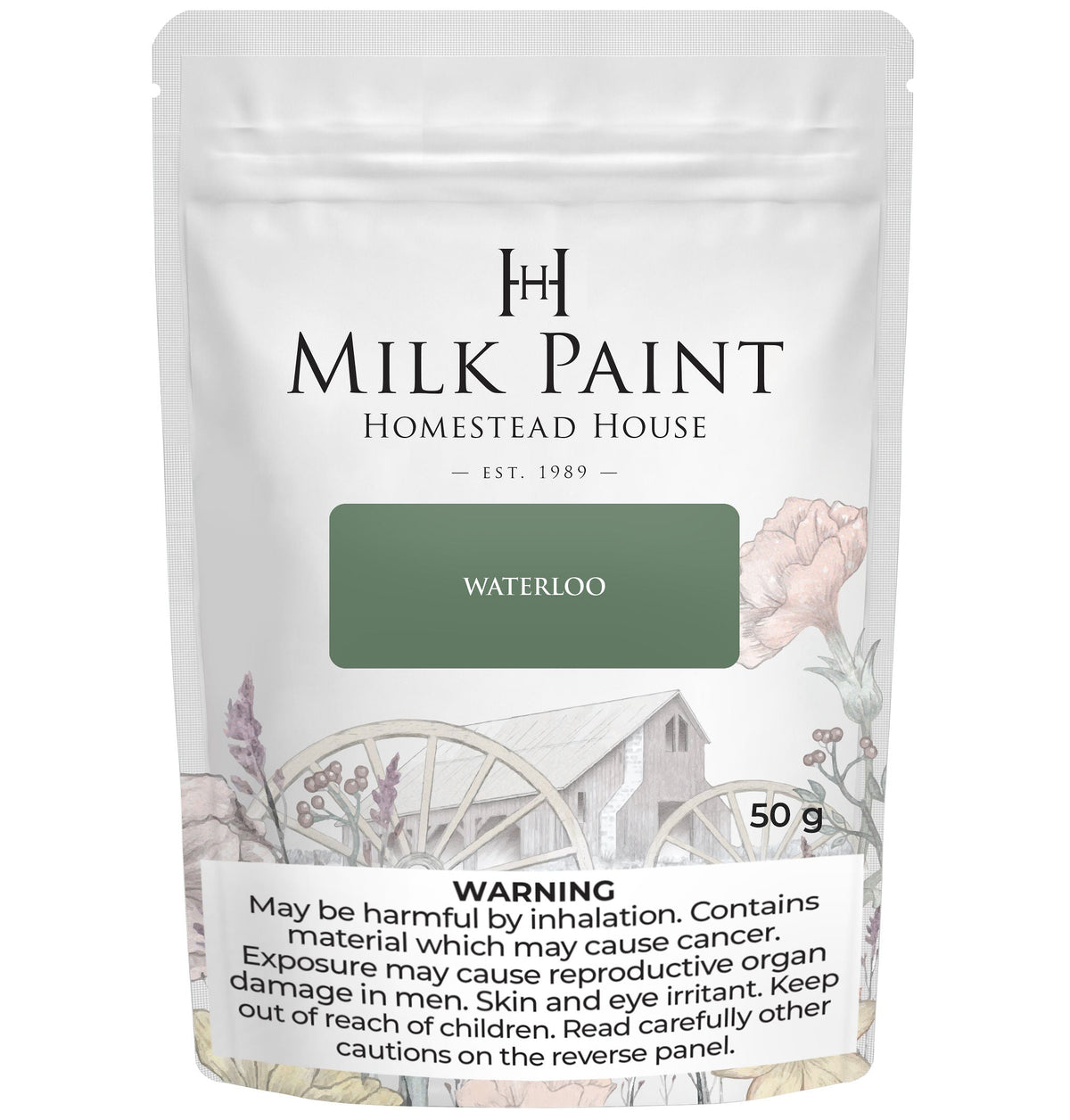 50g pouch of Waterloo Green Milk Paint by Homestead House with health warnings and vintage-style label.