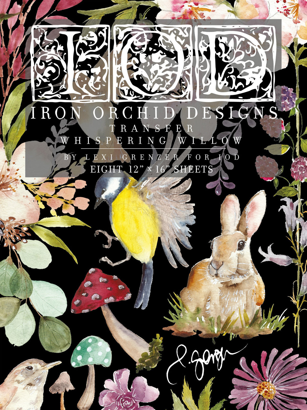 Bird, rabbit, mushrooms, and flowers on black with I.O.D. Whispering Willow Transfer by Iron Orchid Designs overlay.