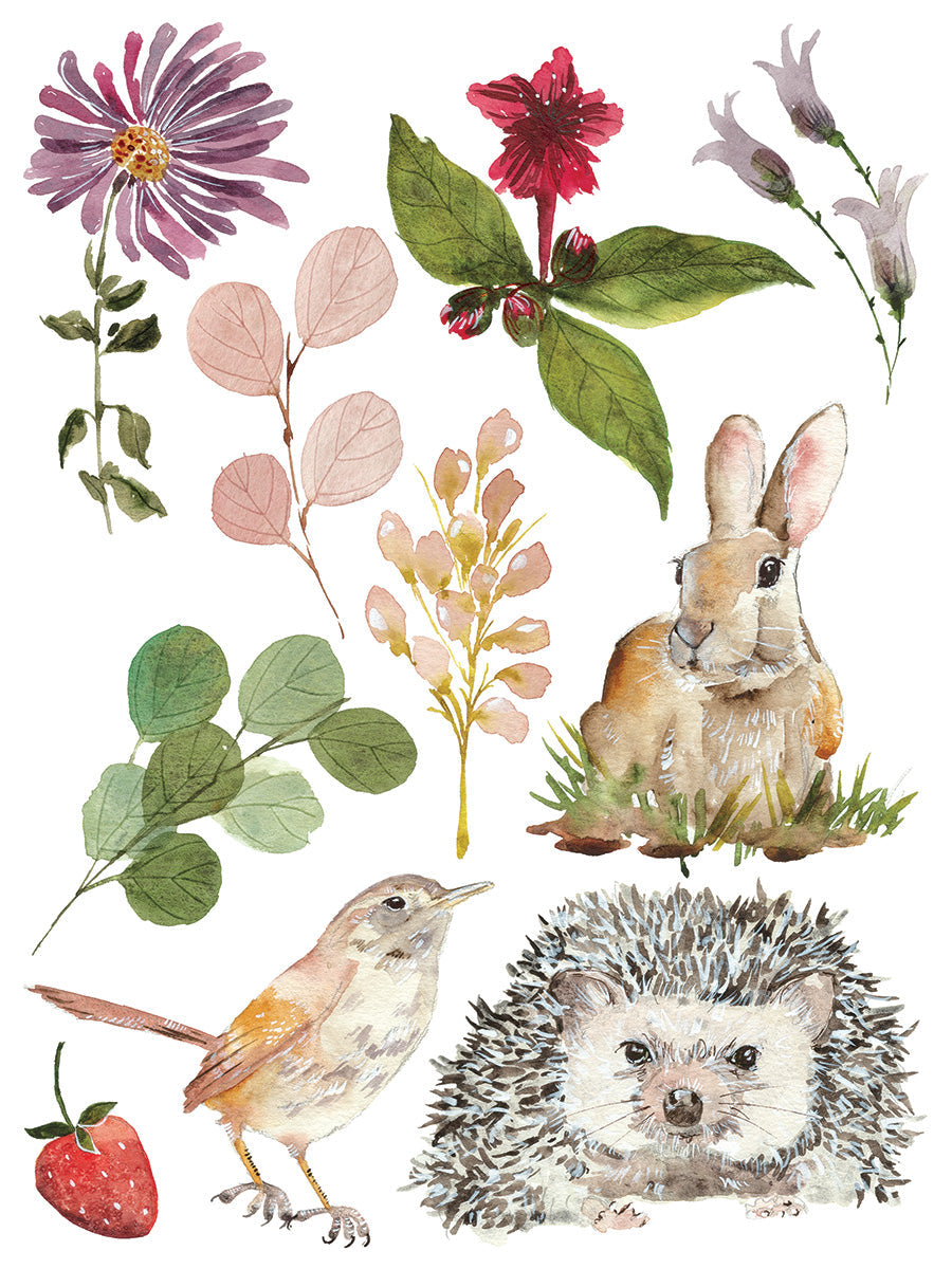 Whispering Willow Transfer by IOD featuring watercolor florals, rabbit, and bird.