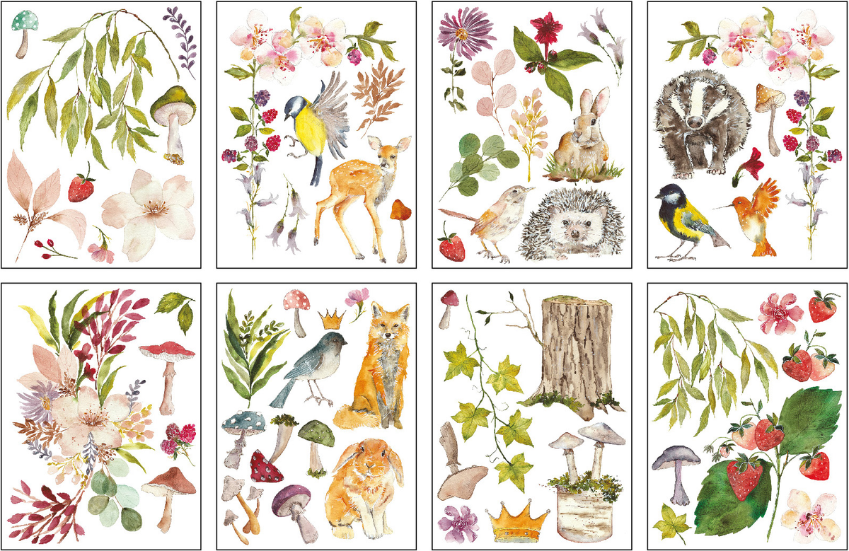 Eight cards featuring animal and floral illustrations from the Whispering Willow Transfer by I.O.D. Iron Orchid Designs.