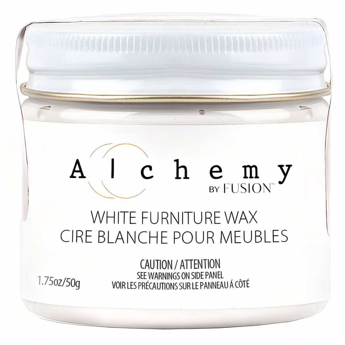 Fusion Mineral Paint White Alchemy Wax, 1.75 oz jar with bilingual label on white background.
