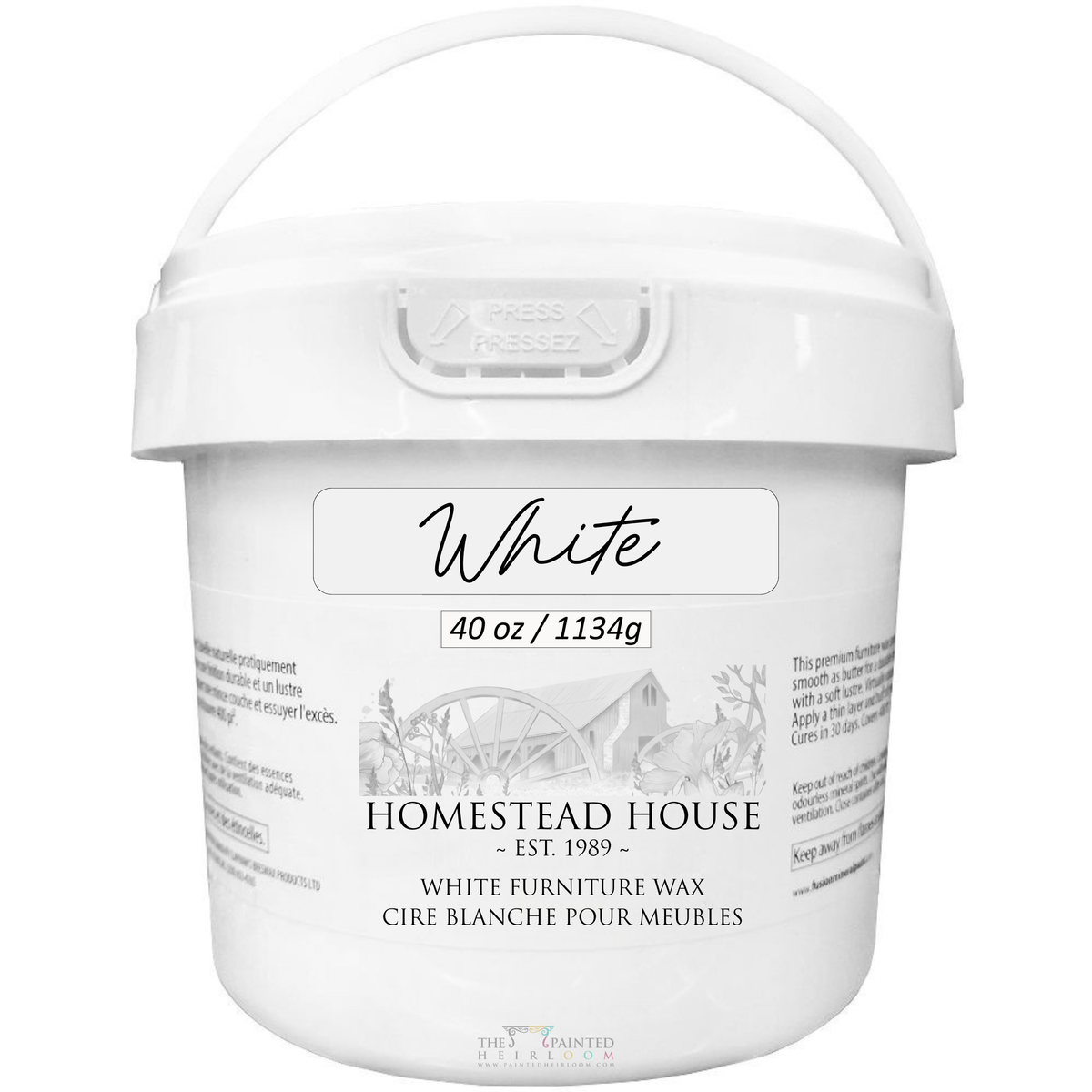 Fusion Mineral Paint White Furniture Wax by Homestead House, 40oz white plastic tub with handle and label.