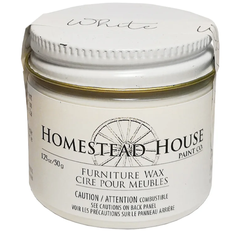 Fusion Mineral Paint White Furniture Wax by Homestead House in a small jar with white lid and bilingual label.