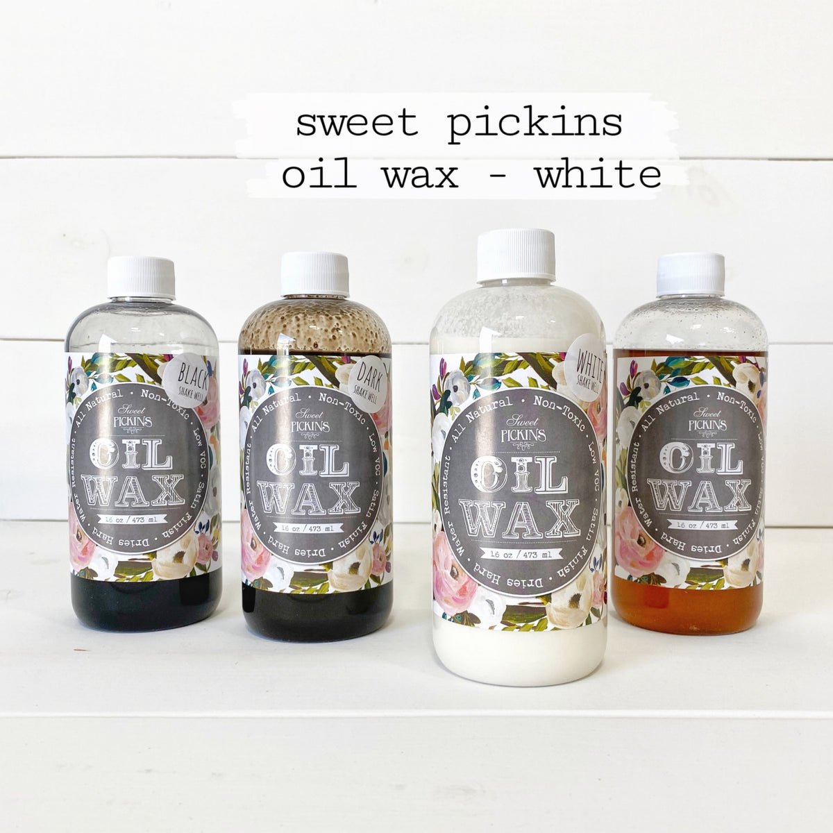 Four Sweet Pickins White Oil Wax bottles, Old Fashioned Milk Paint, with labeled bottle featured front and center.