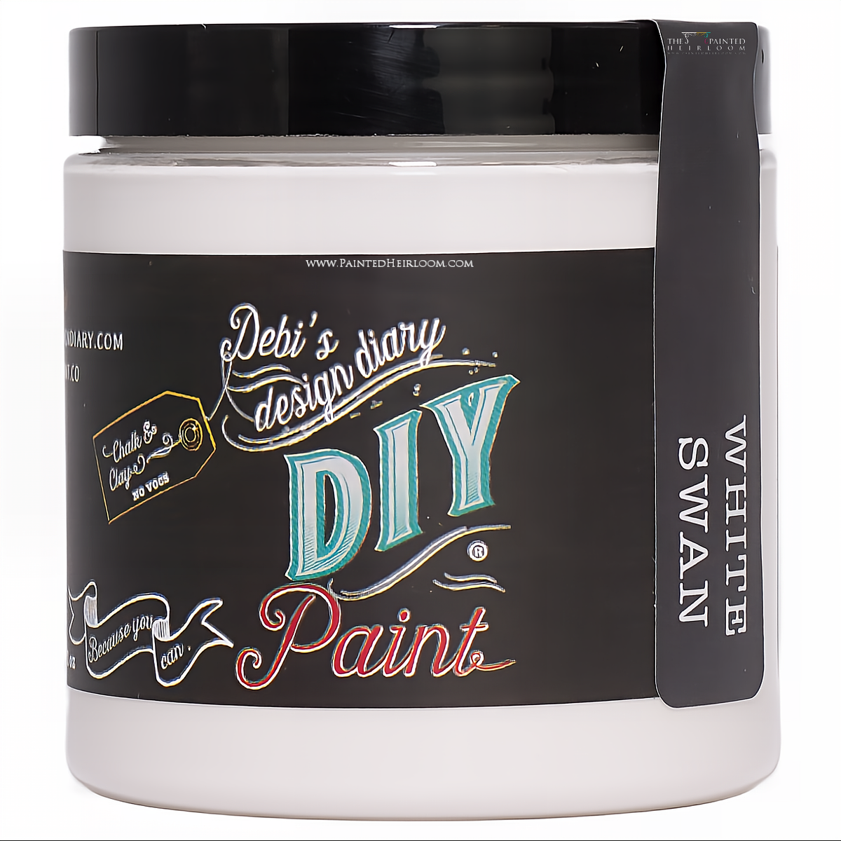 DIY Paint Co. White Swan paint jar with name and color shown on a vertical black label strip.
