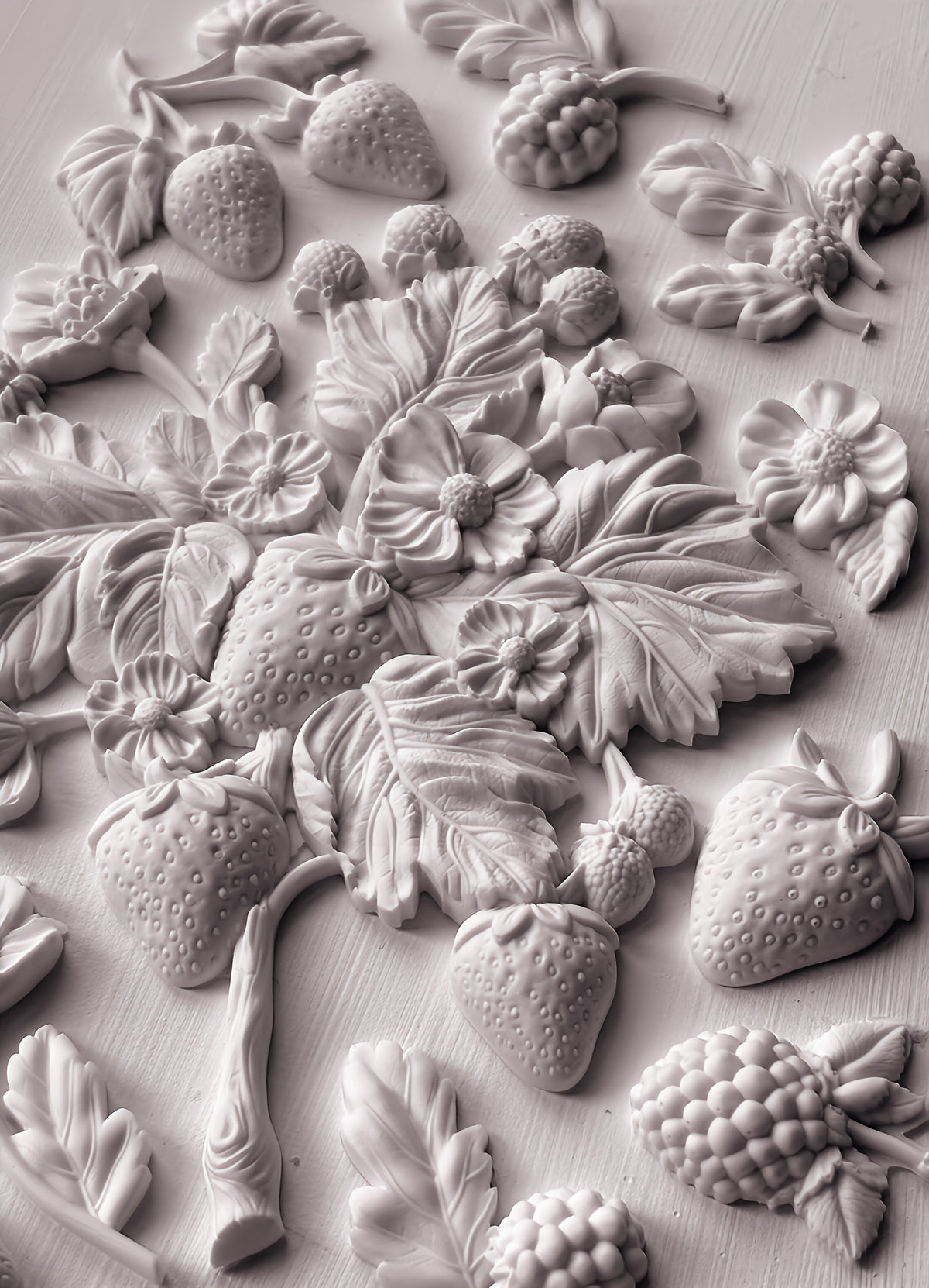 IOD Wild Berries Mould with monochrome leaves, strawberries, and berries design for spring-themed crafts.