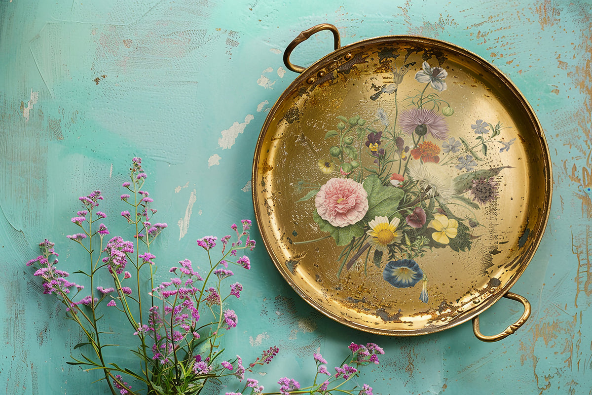 Vintage brass tray on turquoise with I.O.D. Wilde Bloemen Transfer and fresh floral accents.