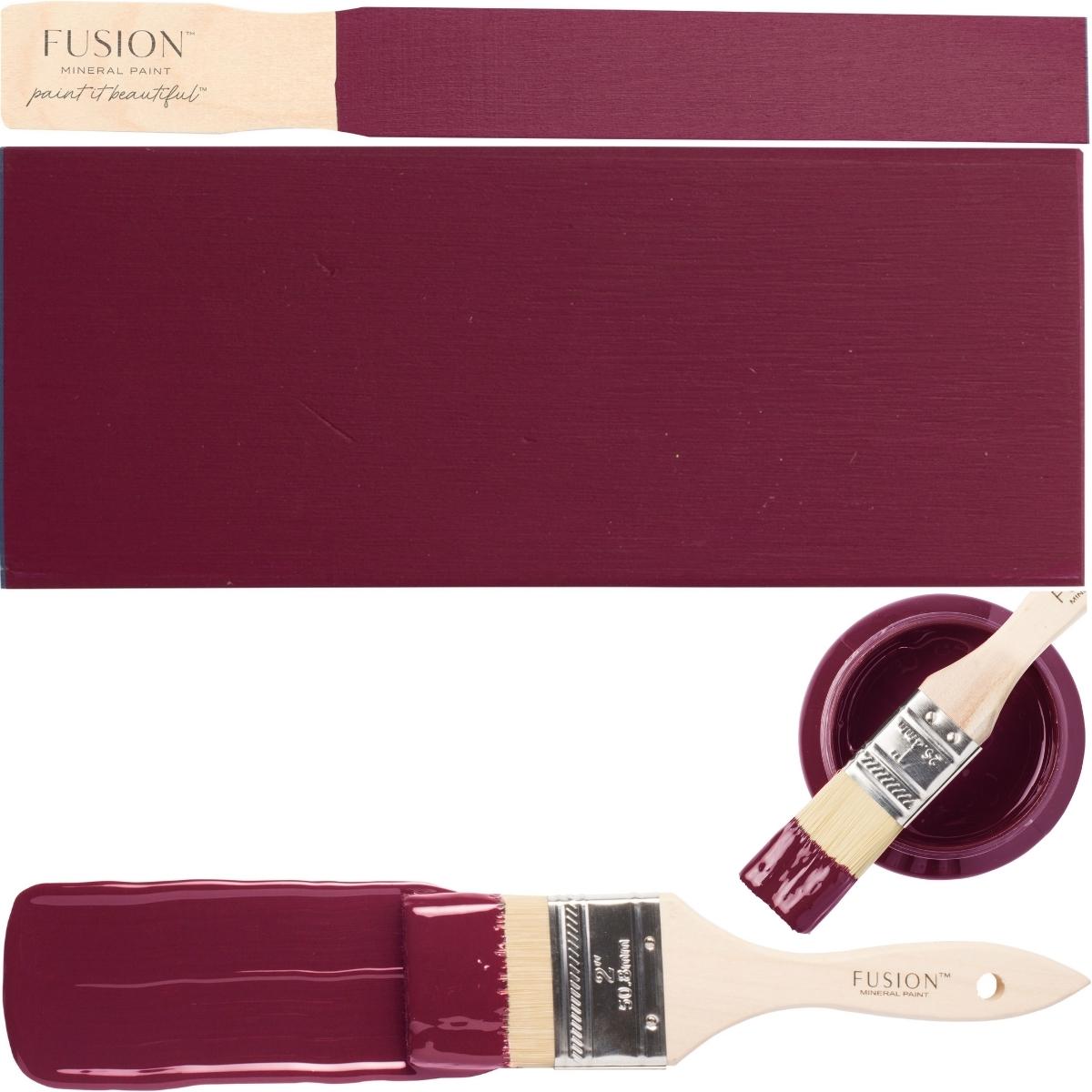 Paintbrush, maroon board, and open Winchester Fusion Mineral Paint container shown together.