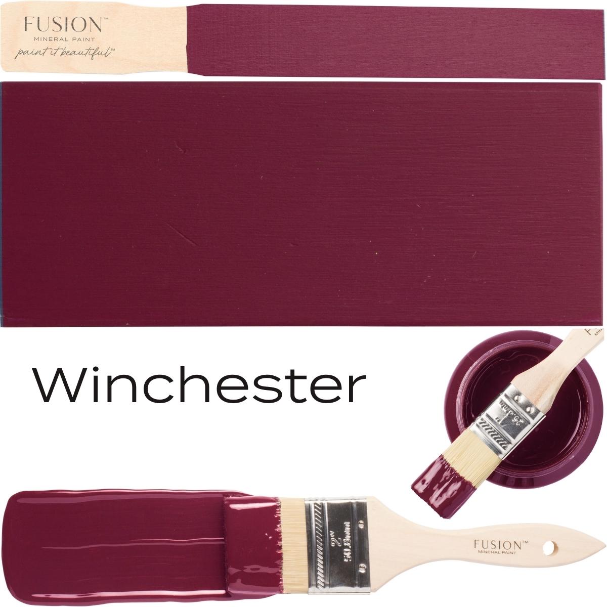 Winchester swatch of reddish-purple Fusion Mineral Paint with accompanying brush and paint can.