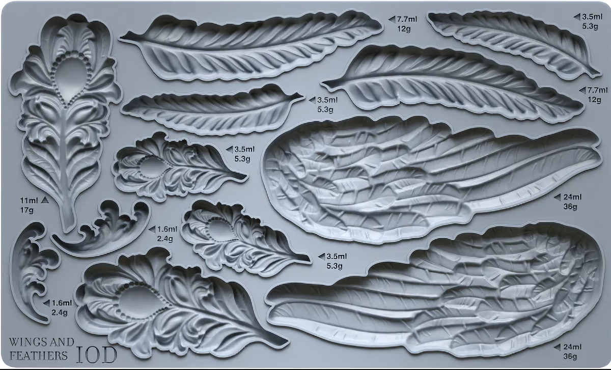 I.O.D. Wings and Feathers Mould (Retired) silicone tray with labeled, feather-shaped mould cavities.