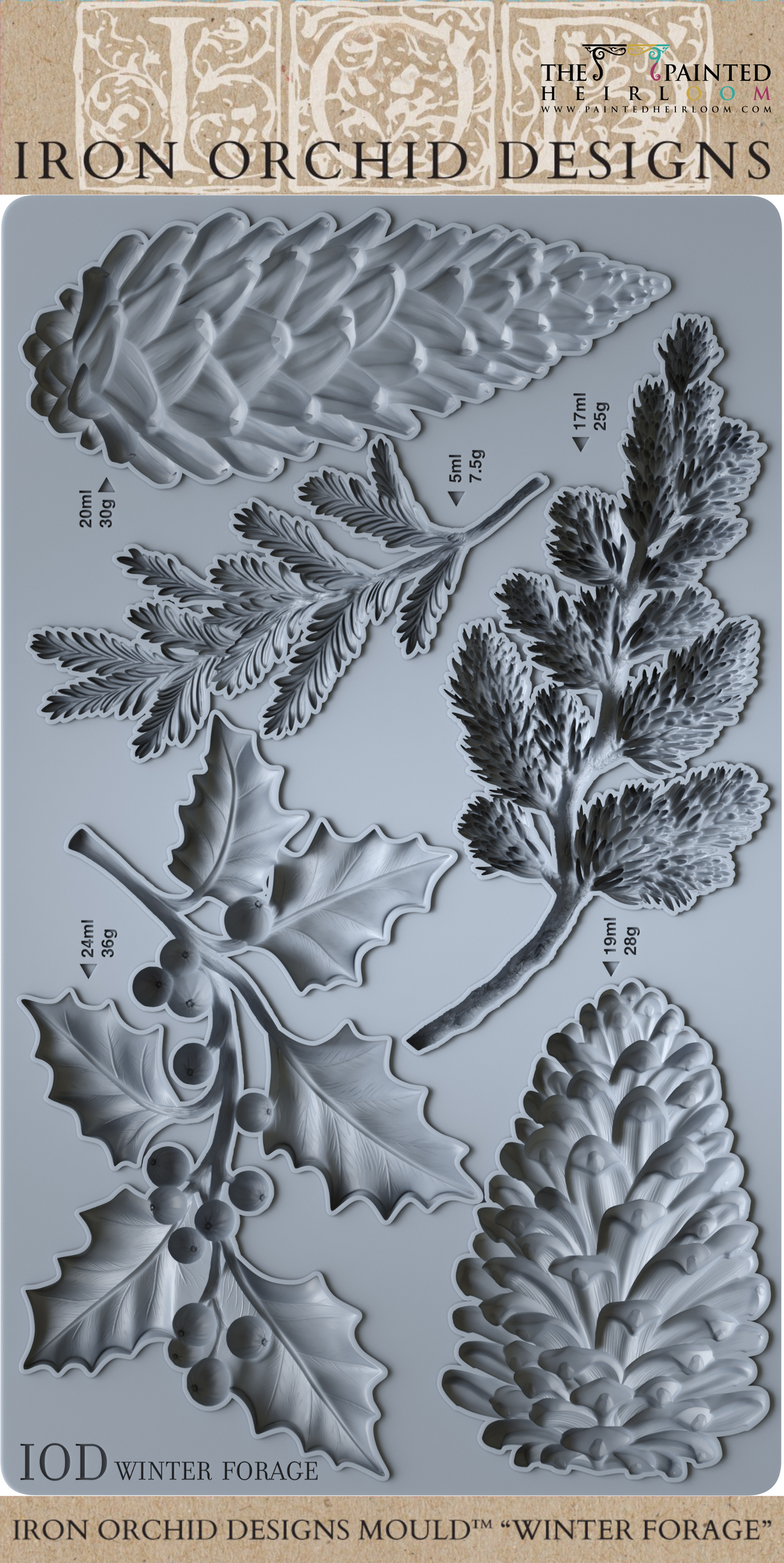 Winter Forage Mould (2025) by I.O.D. with pinecone, holly, and branch motifs.