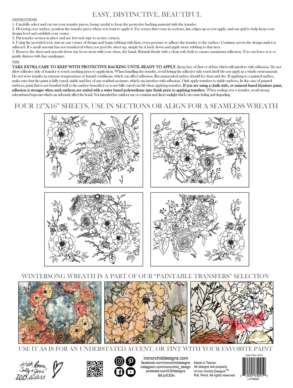 Four black and white Wintersong Wreath Paintable Transfers by I.O.D. shown with floral wreath decor samples.