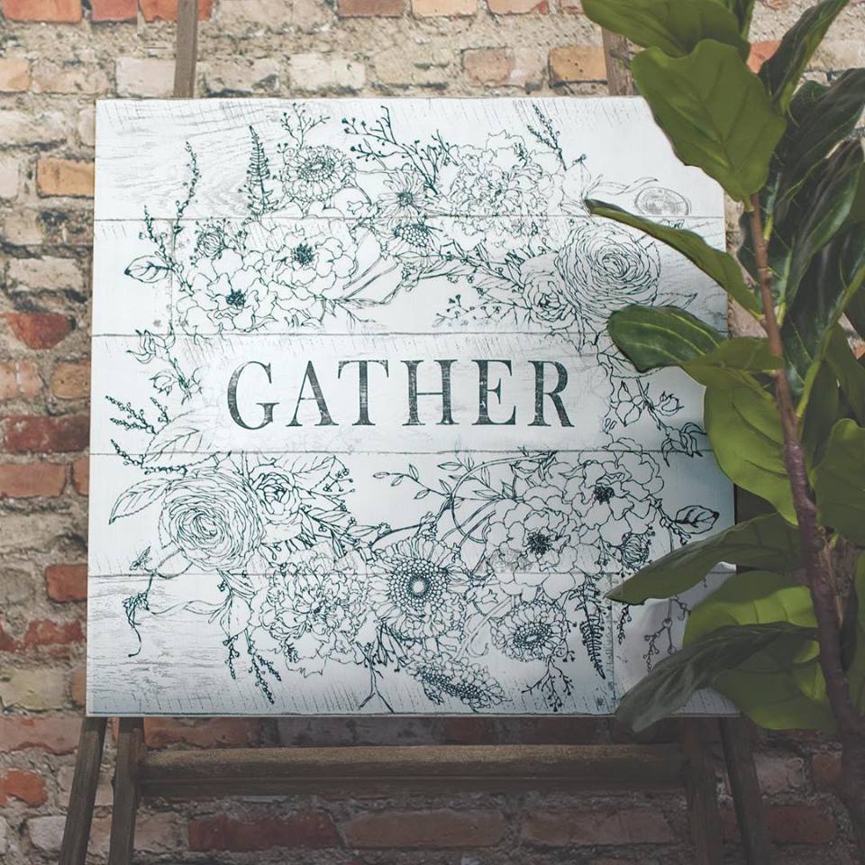 Square sign featuring I.O.D. Wintersong Wreath Paintable Decor Transfer and GATHER text.