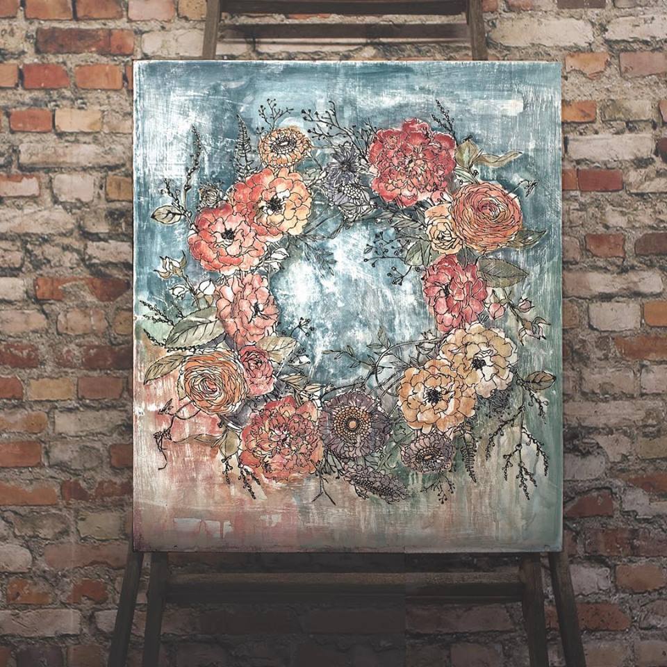 Floral wreath featuring I.O.D. Wintersong Wreath Paintable Decor Transfer displayed against a brick wall.