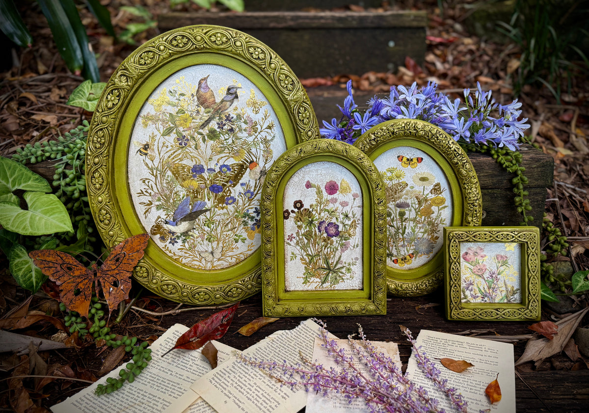 Four green botanical art pieces on I.O.D. Wood Gallery Blanks with floral accents and scattered book page details.