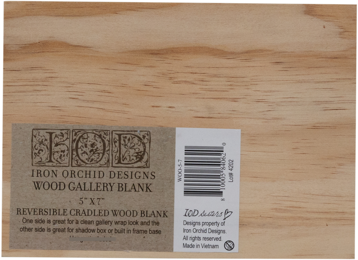 IOD Wood Gallery Blank 5x7 with barcode info attached, by Iron Orchid Designs (I.O.D.).