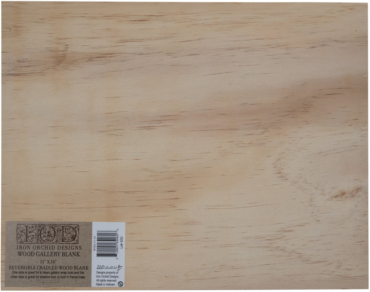 I.O.D. Wood Gallery Blank, rectangular, with two product labels in bottom left corner by Iron Orchid Designs.