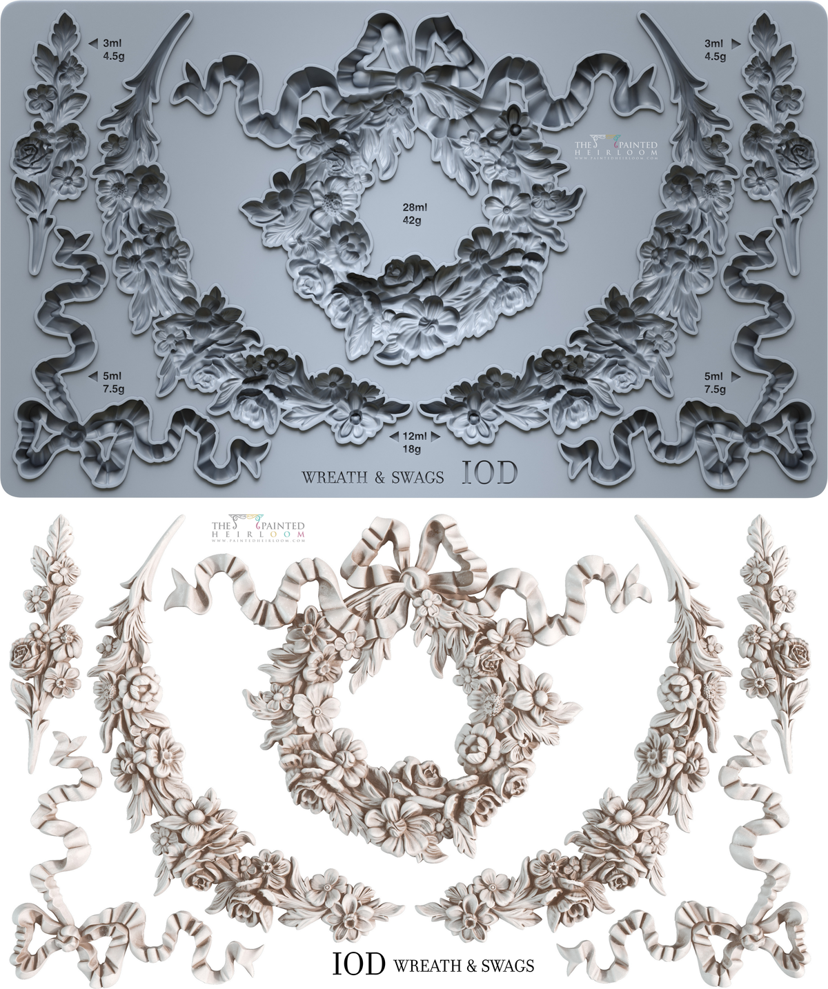I.O.D. Wreath & Swags Mould by Iron Orchid Designs, shown with labeled mold and decoration weights and volumes.