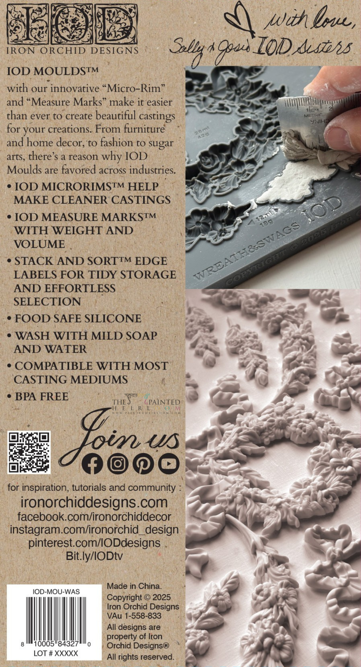 Hand pressing I.O.D. Wreath & Swags Mould onto surface with ornate floral patterns visible nearby.