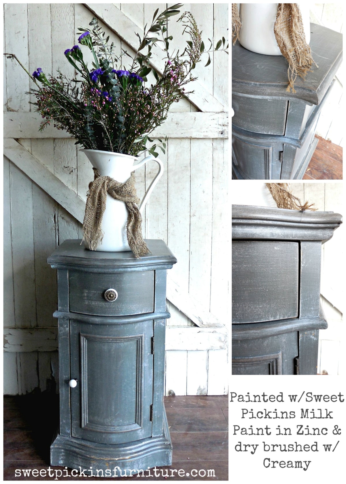 Zinc by Old Fashioned Milk Paint on wood, shown with rustic fabrics highlighting the paint’s finish.