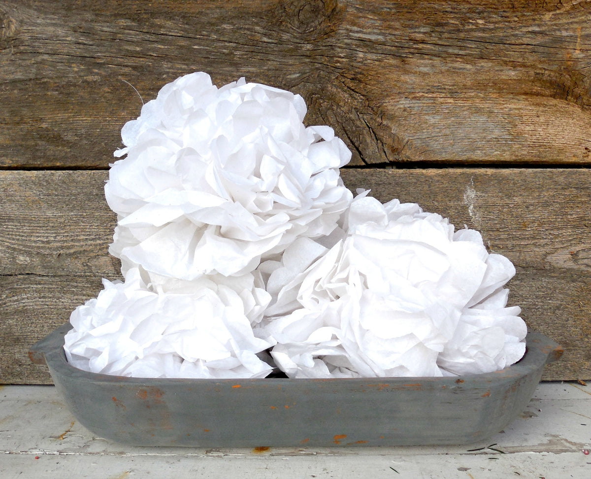 White tissue flowers in a metal container; background painted with Old Fashioned Milk Paint Zinc by Sweet Pickins.