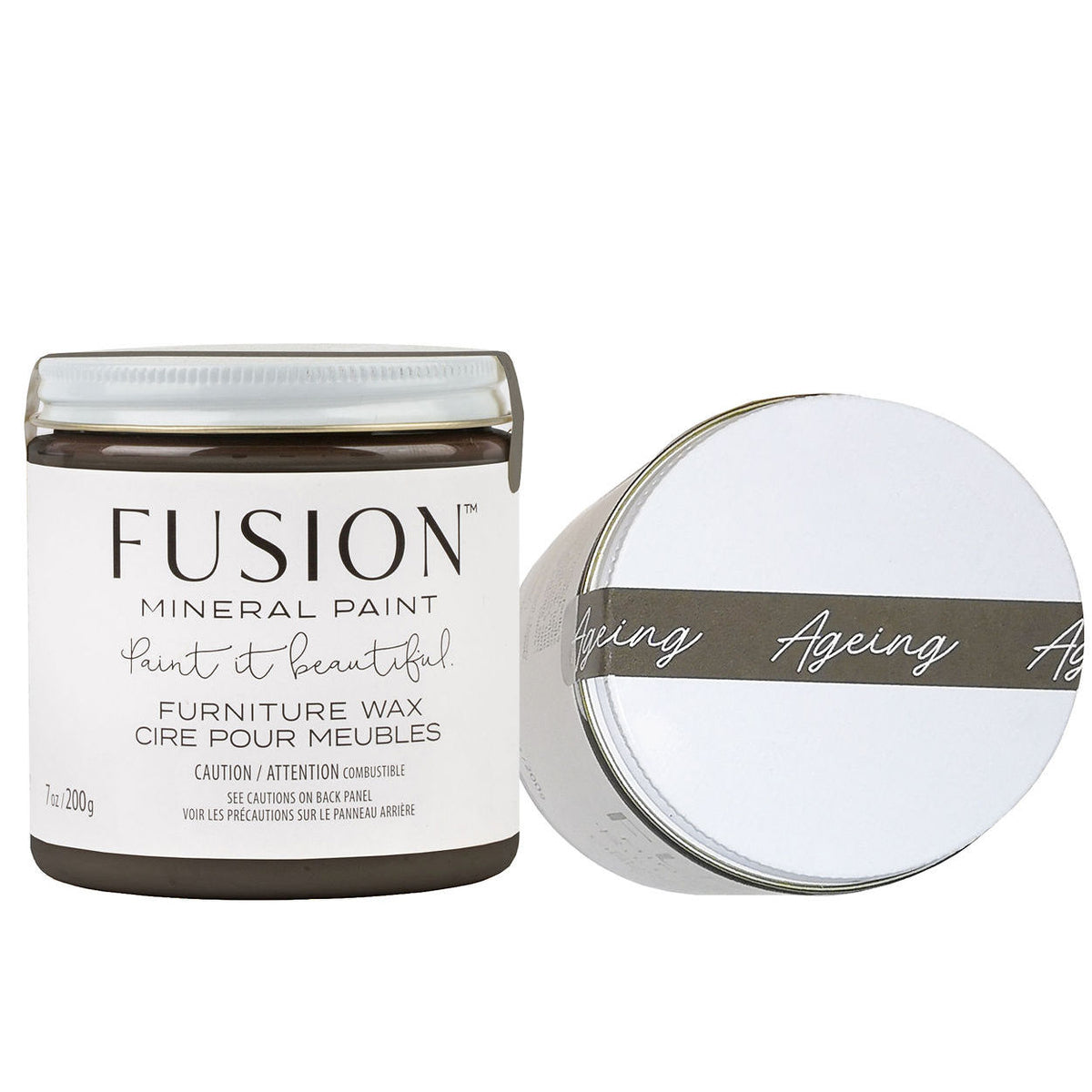 Two Fusion Mineral Paint Ageing Furniture Wax jars, one upright and one on its side, both labels clearly shown.
