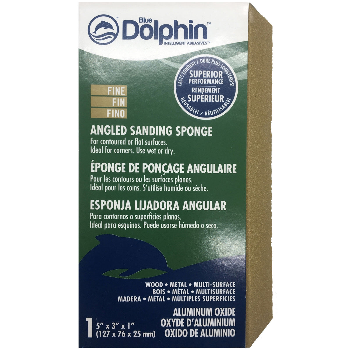 Fusion Mineral Paint Angled Sanding Sponge, packaging labeled in English, French, and Spanish.